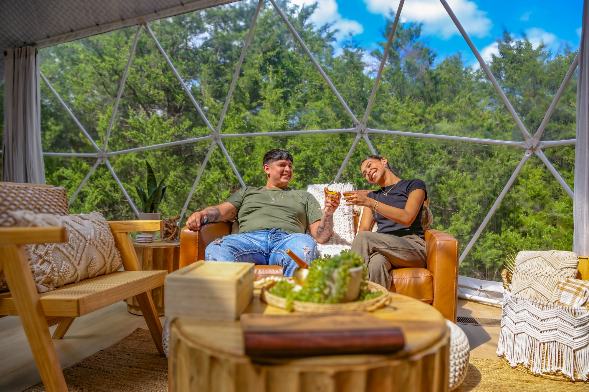 Interior bay windows with forest views